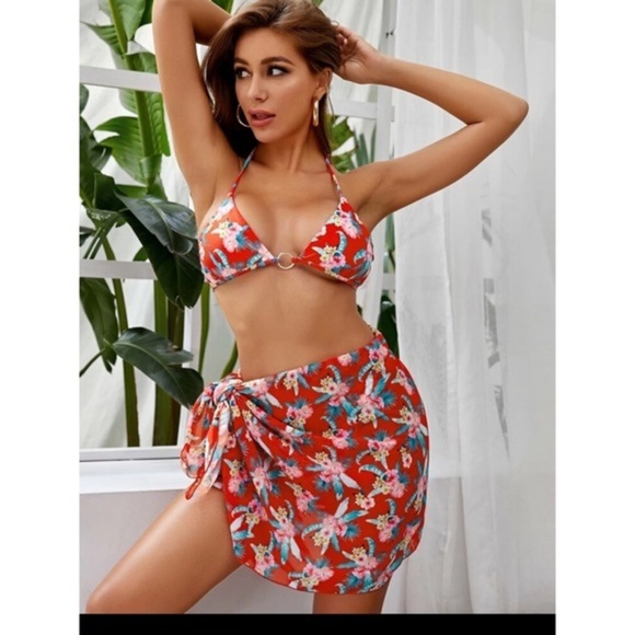 3-Piece Tropical Print Bikini Top and Cheeky Bottom w/ Matching Wrap SIZES M & L - Picture 4 of 11